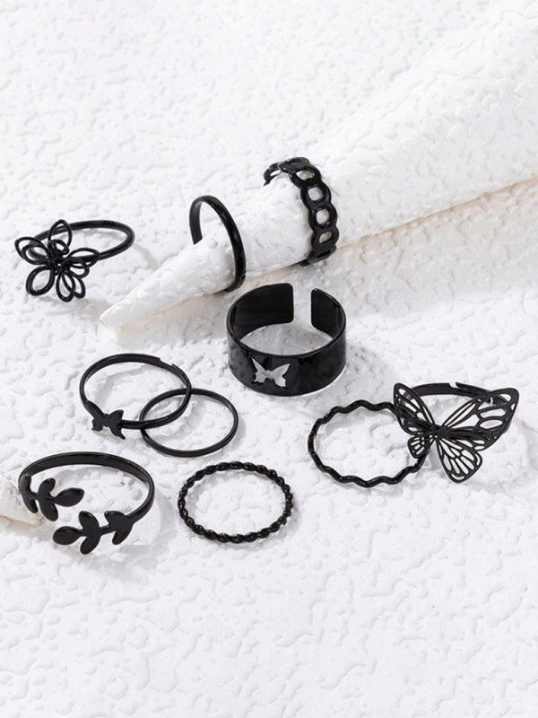 Simple Flower Butterfly Ring Set Geometric Twisted Leaves Hollow Ten-Piece Ring kakaclo