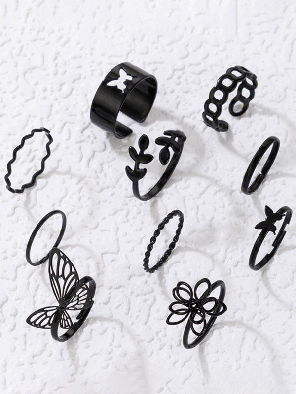 Simple Flower Butterfly Ring Set Geometric Twisted Leaves Hollow Ten-Piece Ring kakaclo
