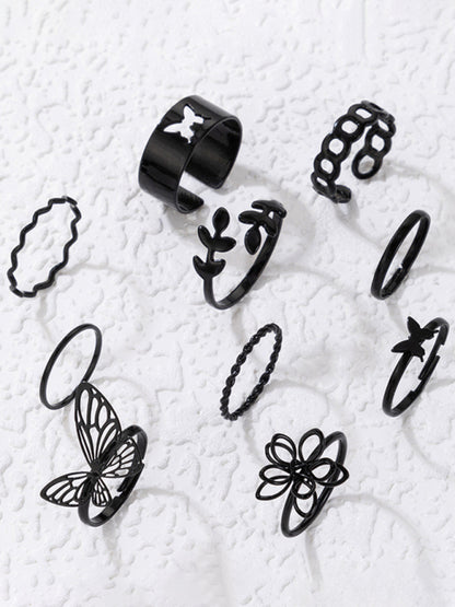 Simple Flower Butterfly Ring Set Geometric Twisted Leaves Hollow Ten-Piece Ring kakaclo