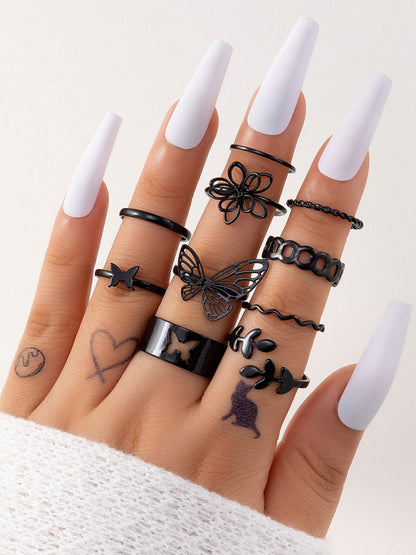 Simple Flower Butterfly Ring Set Geometric Twisted Leaves Hollow Ten-Piece Ring kakaclo