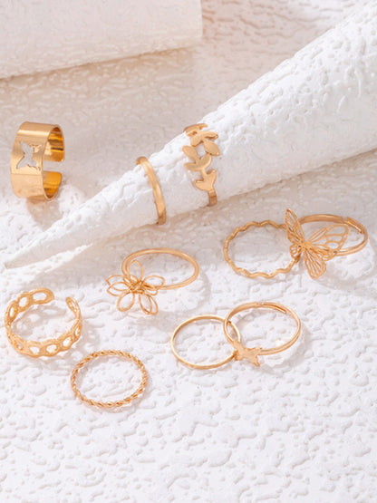 Simple Flower Butterfly Ring Set Geometric Twisted Leaves Hollow Ten-Piece Ring kakaclo