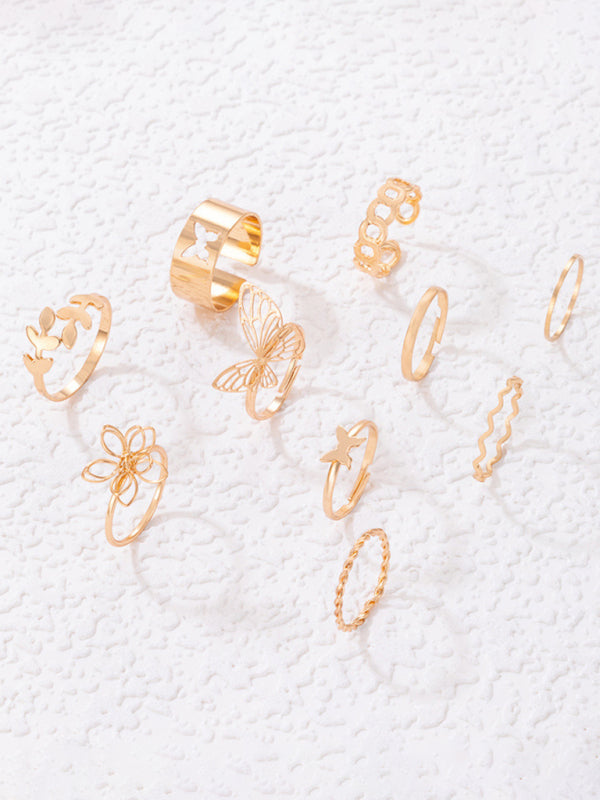 Simple Flower Butterfly Ring Set Geometric Twisted Leaves Hollow Ten-Piece Ring kakaclo