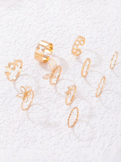 Simple Flower Butterfly Ring Set Geometric Twisted Leaves Hollow Ten-Piece Ring kakaclo