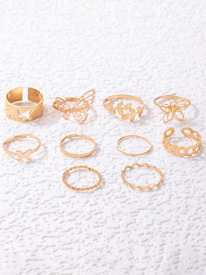 Simple Flower Butterfly Ring Set Geometric Twisted Leaves Hollow Ten-Piece Ring kakaclo