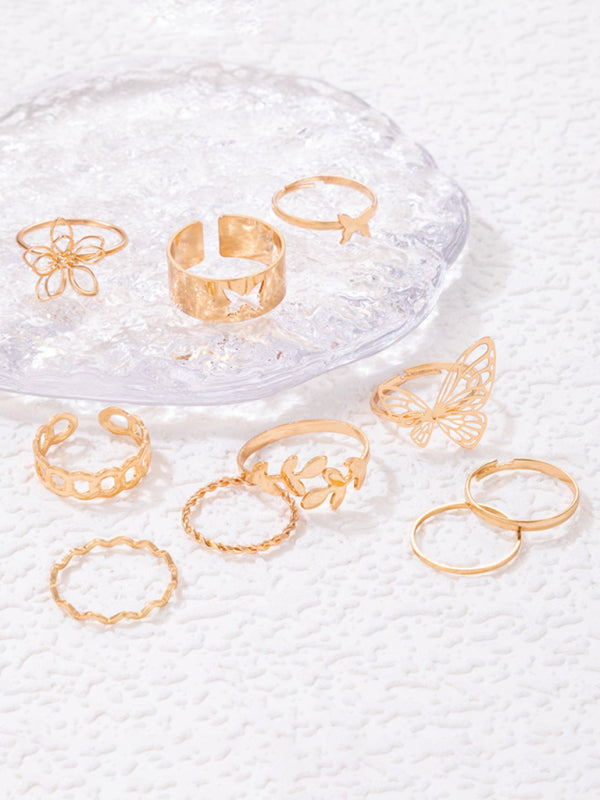 Simple Flower Butterfly Ring Set Geometric Twisted Leaves Hollow Ten-Piece Ring kakaclo