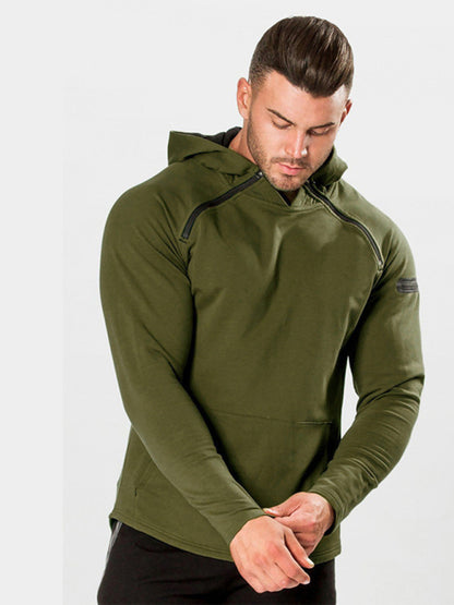 Men's Neck Shoulder Zippered Large Pocket Long Sleeve Hooded Sweatshirt kakaclo