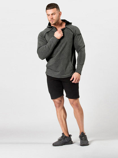 Men's Neck Shoulder Zippered Large Pocket Long Sleeve Hooded Sweatshirt kakaclo