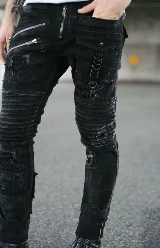 Men's Fashion Mid Waist Ripped Slim Fit Jeans kakaclo