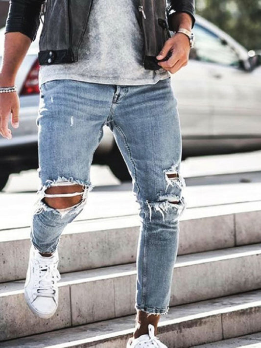 Men's Solid Casual ripped Skinny Jeans kakaclo