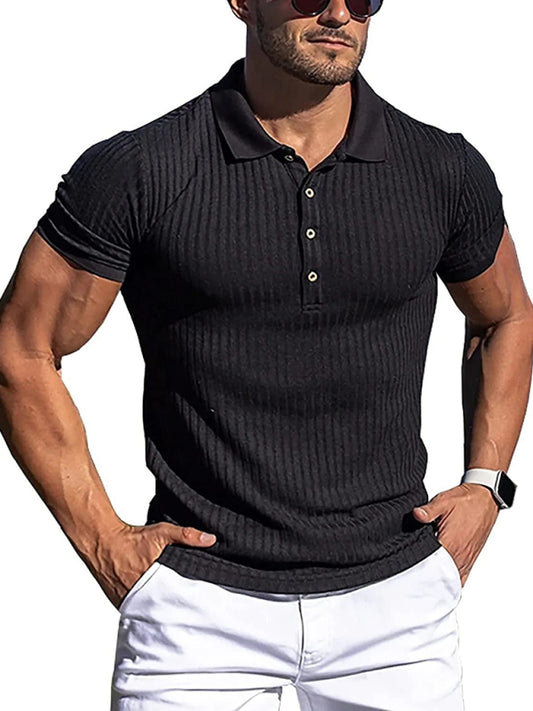 Men's High Stretch Vertical Stripe Long Sleeve POLO Shirt kakaclo
