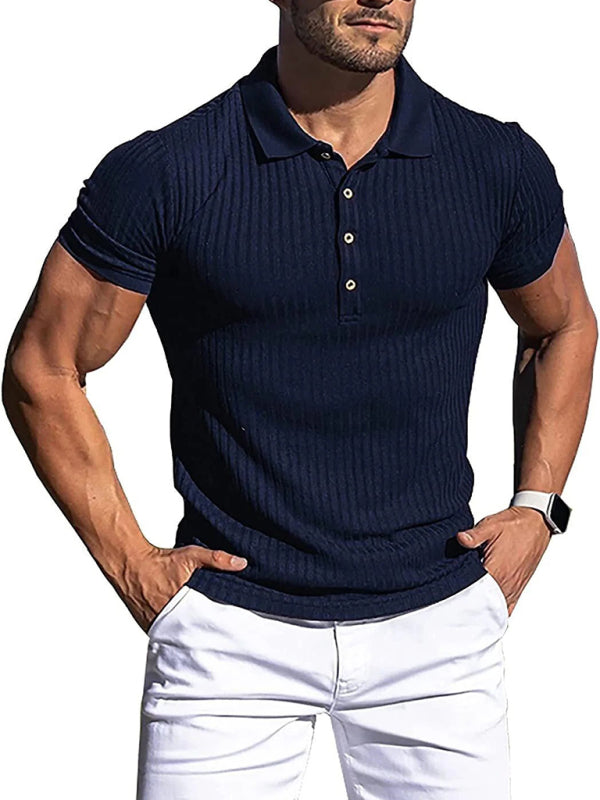 Men's High Stretch Vertical Stripe Long Sleeve POLO Shirt kakaclo
