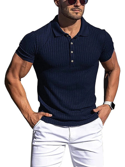 Men's High Stretch Vertical Stripe Long Sleeve POLO Shirt kakaclo