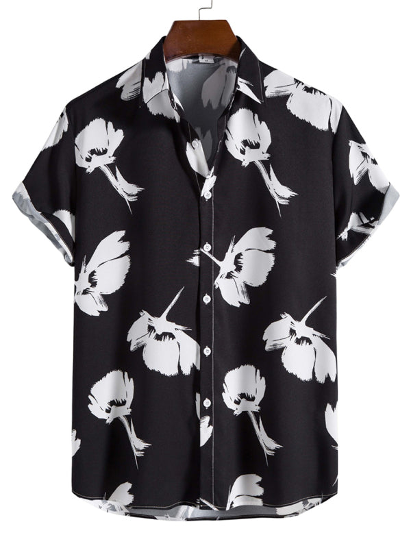 Men's Black Youth Spot Lapel Vacation Style Printed Shirt kakaclo