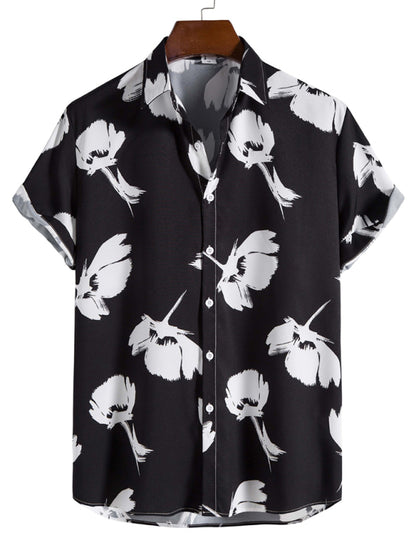 Men's Black Youth Spot Lapel Vacation Style Printed Shirt kakaclo