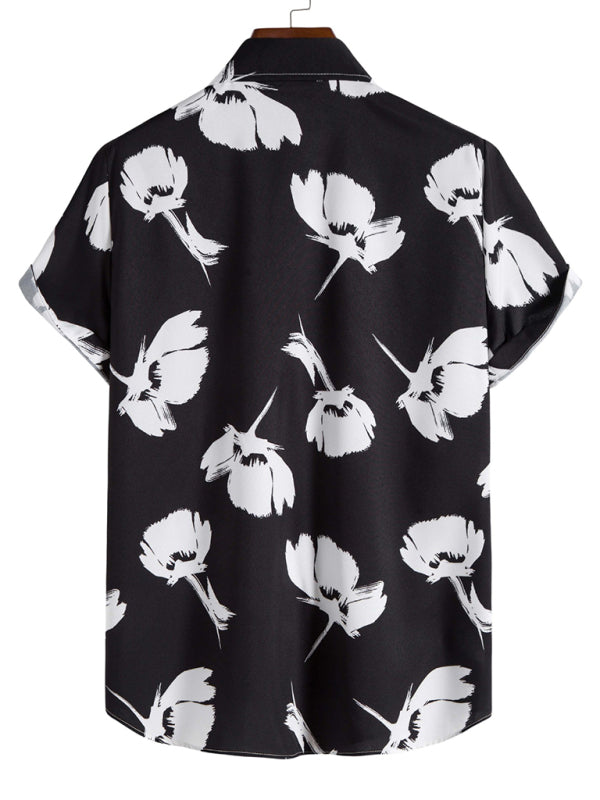 Men's Black Youth Spot Lapel Vacation Style Printed Shirt kakaclo