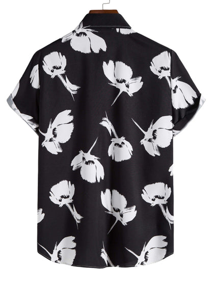 Men's Black Youth Spot Lapel Vacation Style Printed Shirt kakaclo