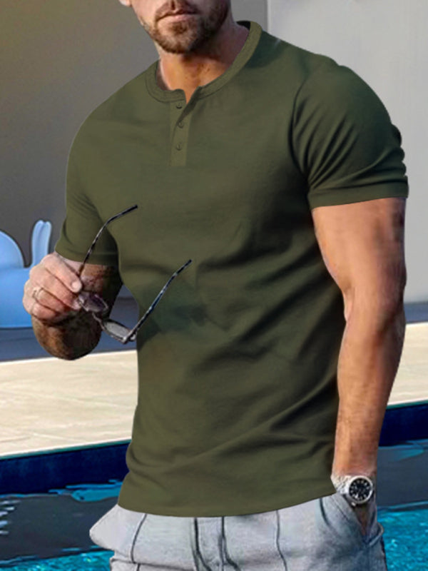 Men's Short Sleeve Henley Round Neck Slim Fit Athletic T-Shirt kakaclo