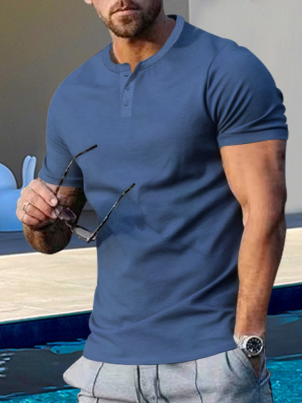 Men's Short Sleeve Henley Round Neck Slim Fit Athletic T-Shirt kakaclo