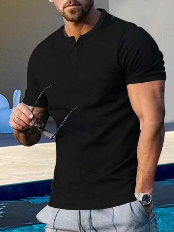 Men's Short Sleeve Henley Round Neck Slim Fit Athletic T-Shirt kakaclo