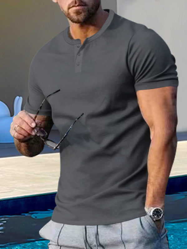 Men's Short Sleeve Henley Round Neck Slim Fit Athletic T-Shirt kakaclo