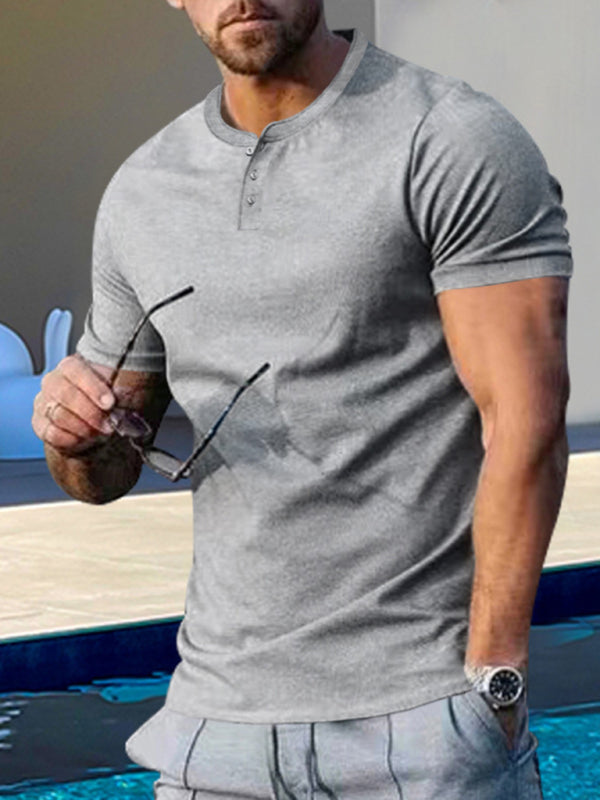 Men's Short Sleeve Henley Round Neck Slim Fit Athletic T-Shirt kakaclo