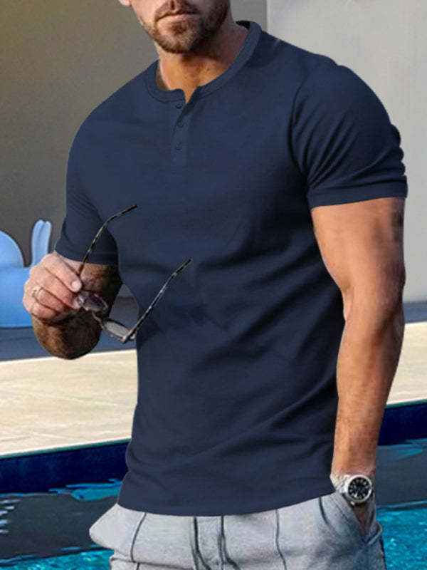 Men's Short Sleeve Henley Round Neck Slim Fit Athletic T-Shirt kakaclo