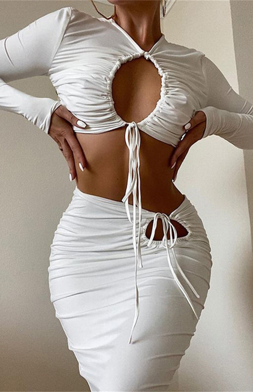 Cut-Out Long-Sleeve Top And Skirt Set kakaclo