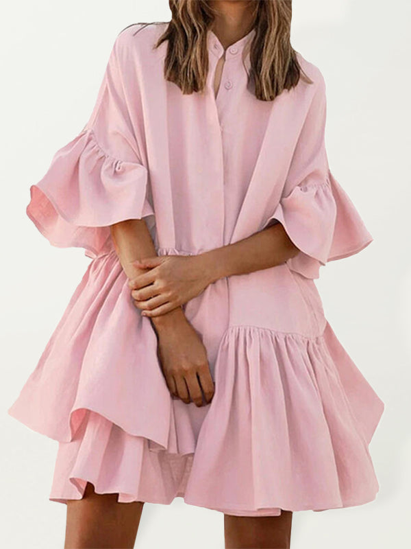 Solid Color Ruffle Shirtdress kakaclo