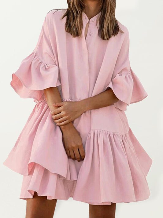 Solid Color Ruffle Shirtdress kakaclo
