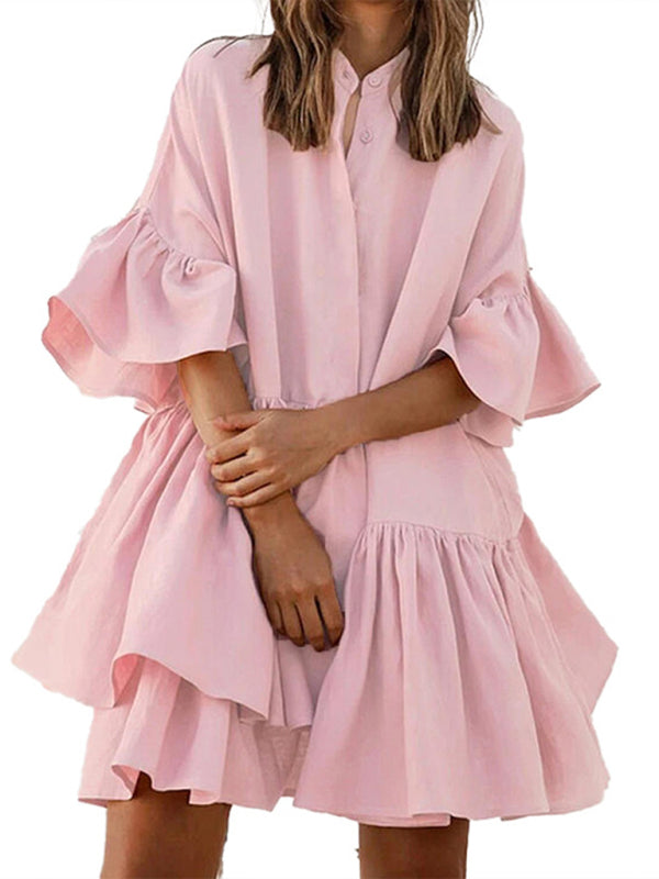 Solid Color Ruffle Shirtdress kakaclo
