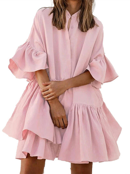 Solid Color Ruffle Shirtdress kakaclo