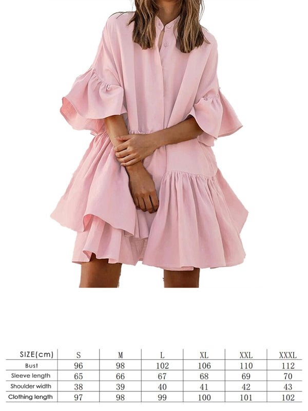 Solid Color Ruffle Shirtdress kakaclo