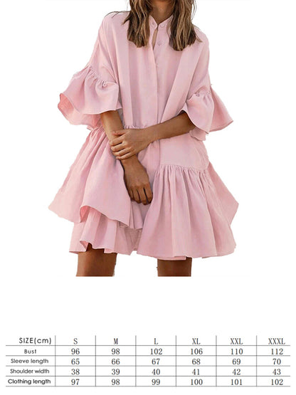 Solid Color Ruffle Shirtdress kakaclo
