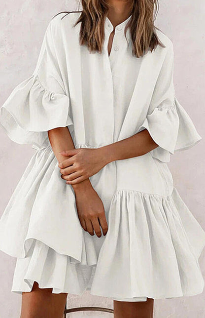Solid Color Ruffle Shirtdress kakaclo