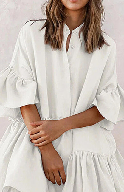Solid Color Ruffle Shirtdress kakaclo