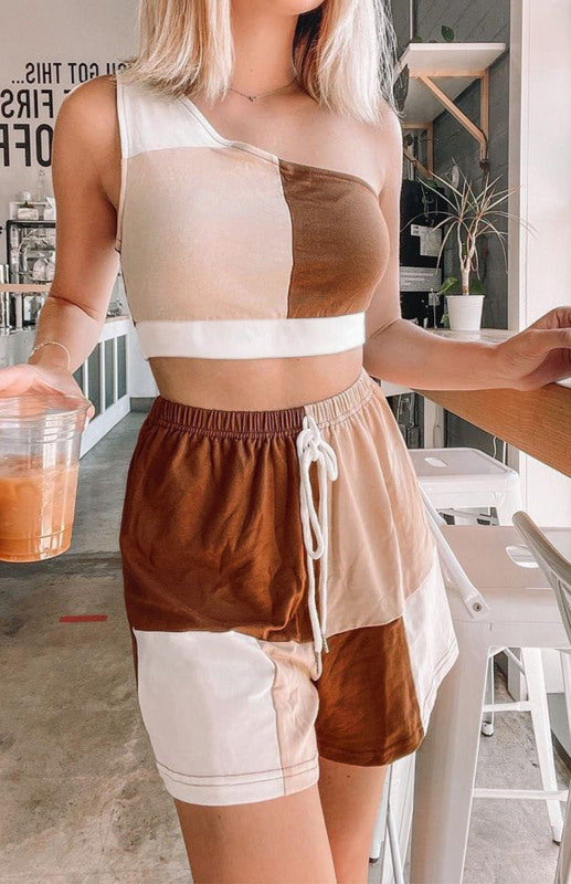 Cross Shoulder Vest Panel Short Set kakaclo