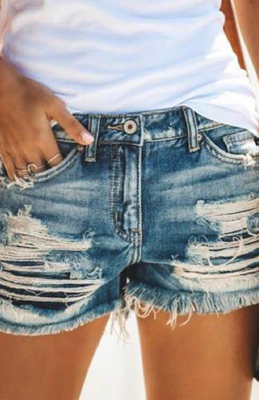 Fringed Cut-Out Denim Shorts kakaclo