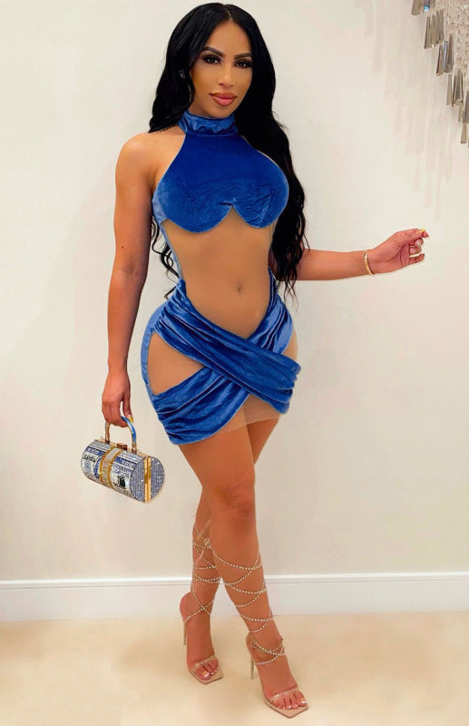 Sleeveless Silver Fox Velvet Panel Mesh Dress kakaclo