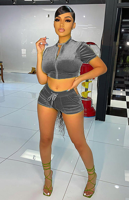 Velvet Short Solid Color Casual Sexy Two-piece Set kakaclo