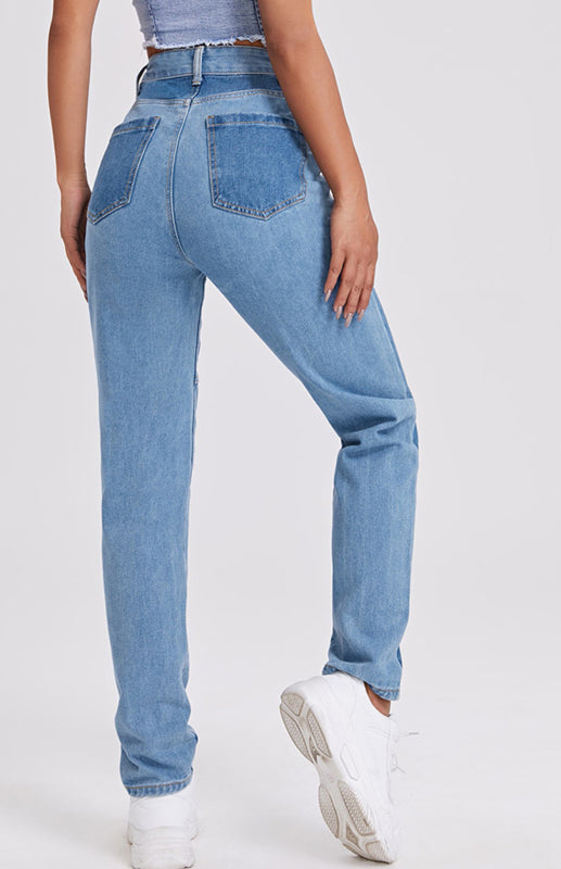 High Waist Colorblock Design Straight Leg Jeans kakaclo