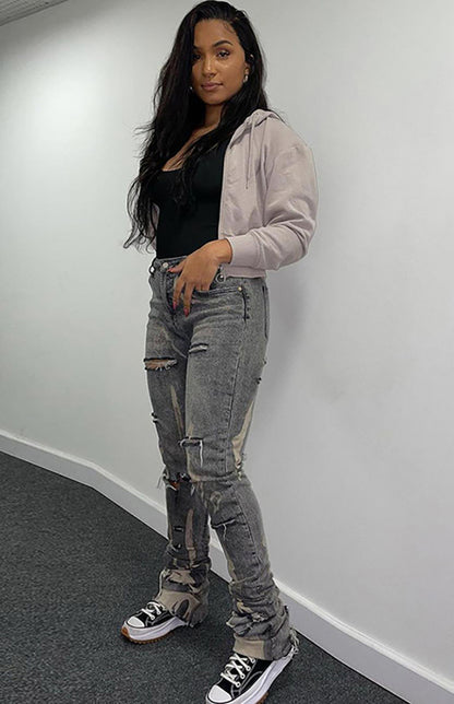 Zip Fly High Waist Washed White Slim Jeans kakaclo