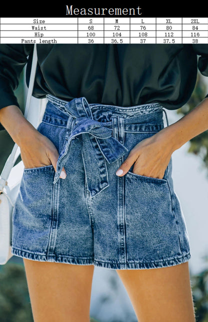 Washed Solid Color Belt Denim Shorts kakaclo