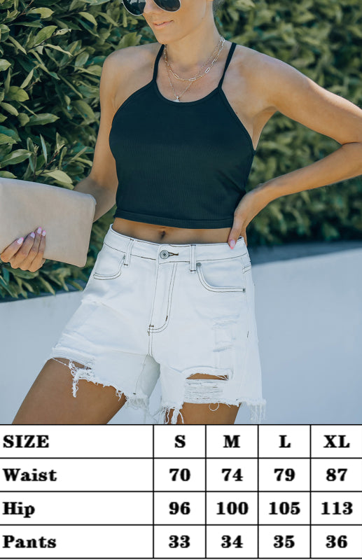 Frayed High Waist Button Zip Pocket Shredded Fringed Denim Shorts kakaclo