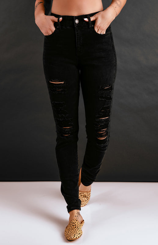 Black Distressed Ripped Slim High Waist Jeans kakaclo
