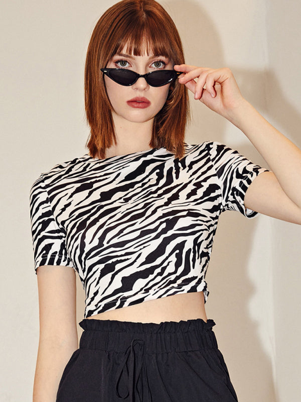 Zebra Pattern Short Sleeve Crop Top kakaclo