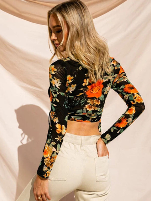 Printed Hollow Slim Pleated Long Sleeve Top kakaclo