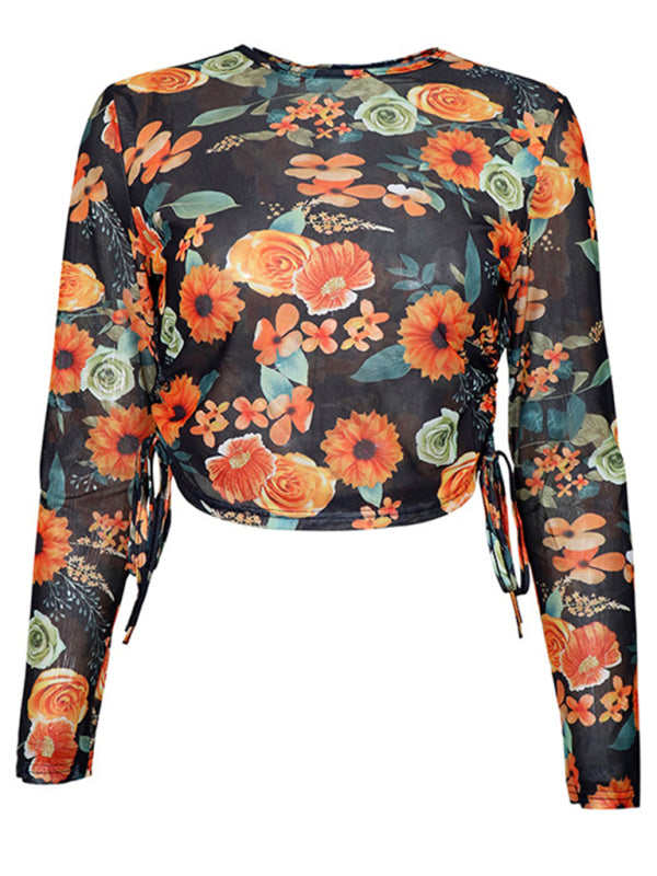 Printed Hollow Slim Pleated Long Sleeve Top kakaclo