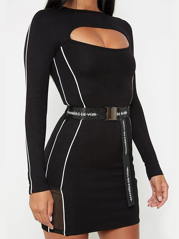 Contrast Stitching Long Sleeve Dress kakaclo