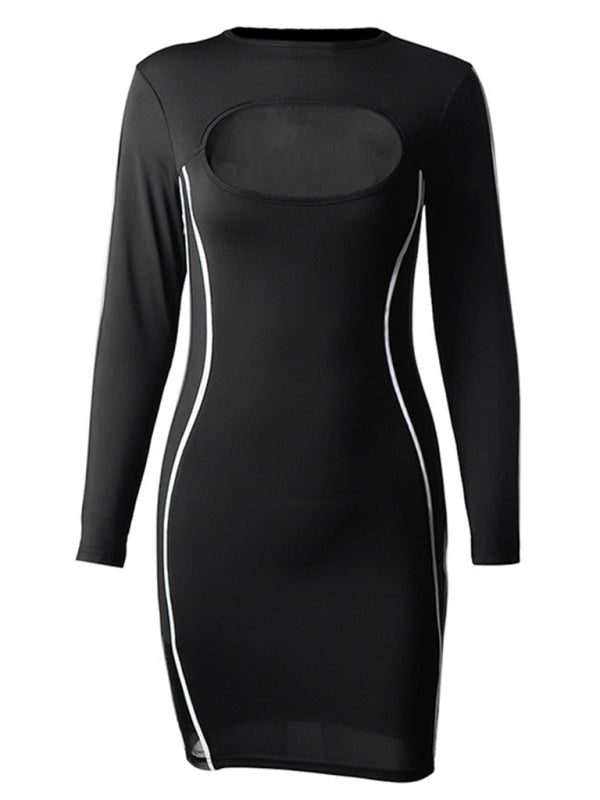 Contrast Stitching Long Sleeve Dress kakaclo