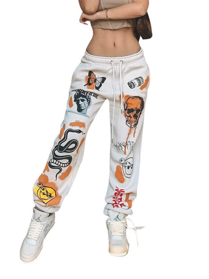 Design Print Tie High Waist Sweatpants kakaclo